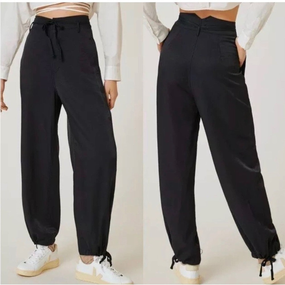 TINY Heidi Tie Pants Black Satin Button Fly Joggers Women's Small‎ Anthropologie